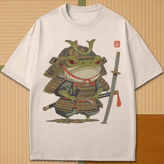 Japanese-inspired cotton Anime Frog Samurai T-Shirt in Ivory on Comfort Colors 1717, styled in a modern flatlay scene.