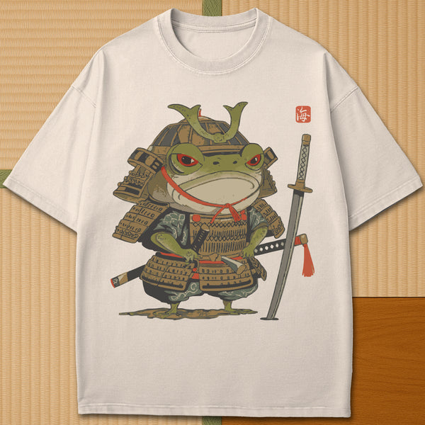 Japanese-inspired cotton Anime Frog Samurai T-Shirt in Ivory on Comfort Colors 1717, styled in a modern flatlay scene.