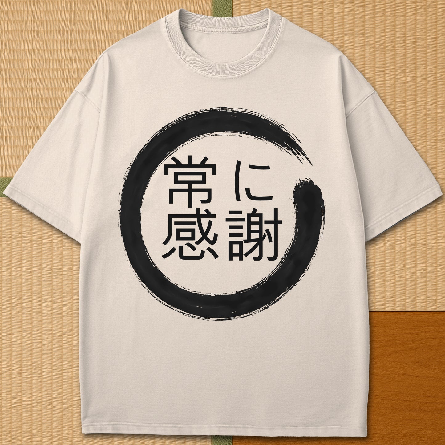 Japanese-inspired cotton Always Thankful T-Shirt in Ivory on Comfort Colors 1717, styled in a modern flatlay scene.
