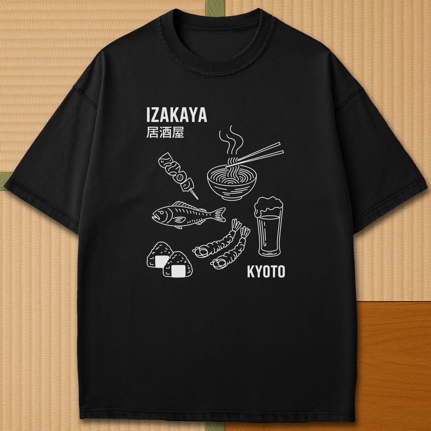 Japanese-inspired cotton Izakaya Japanese Foodie T-Shirt in Black on Comfort Colors 1717, styled in a modern flatlay scene.