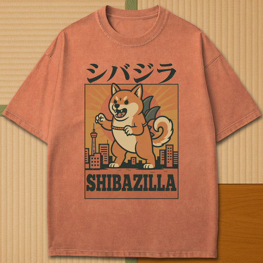 Japanese-inspired cotton Shibazilla Shiba Inu Retro Japanese Kaiju Monster Movie Poster T-Shirt in Yam on Comfort Colors 1717, styled in a modern flatlay scene.
