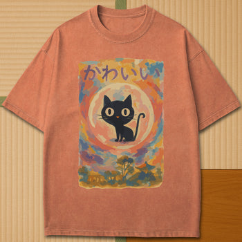 Japanese-inspired cotton Abstract Kawaii Cat Dreamscape T-Shirt in Yam on Comfort Colors 1717, styled in a modern flatlay scene.