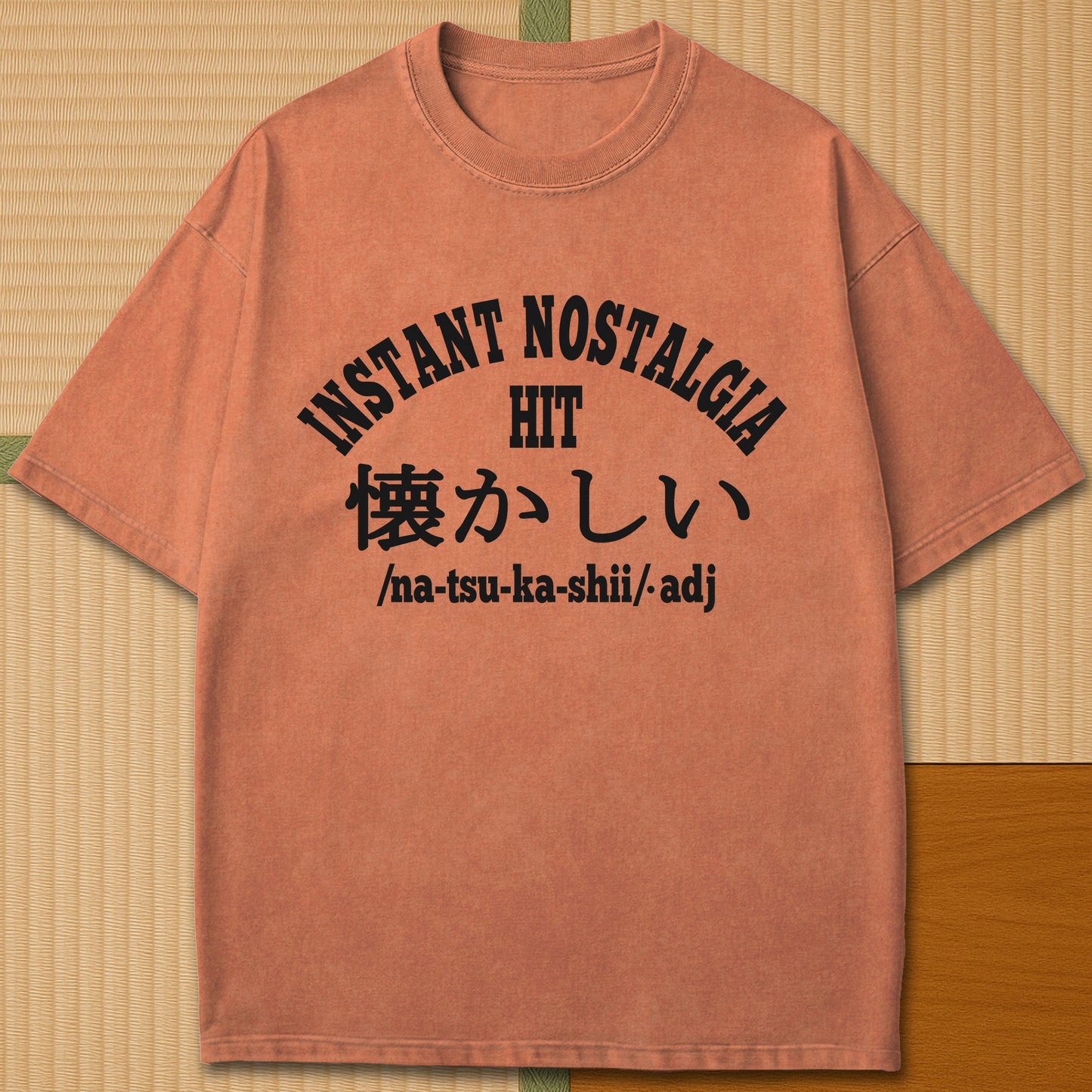 Japanese-inspired cotton Instant Nostalgia Hit T-Shirt in Yam on Comfort Colors 1717, styled in a modern flatlay scene.