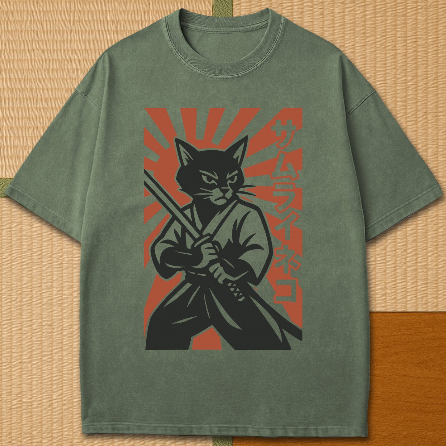 Japanese-inspired cotton Samurai Neko Rising T-Shirt in Moss on Comfort Colors 1717, styled in a modern flatlay scene.