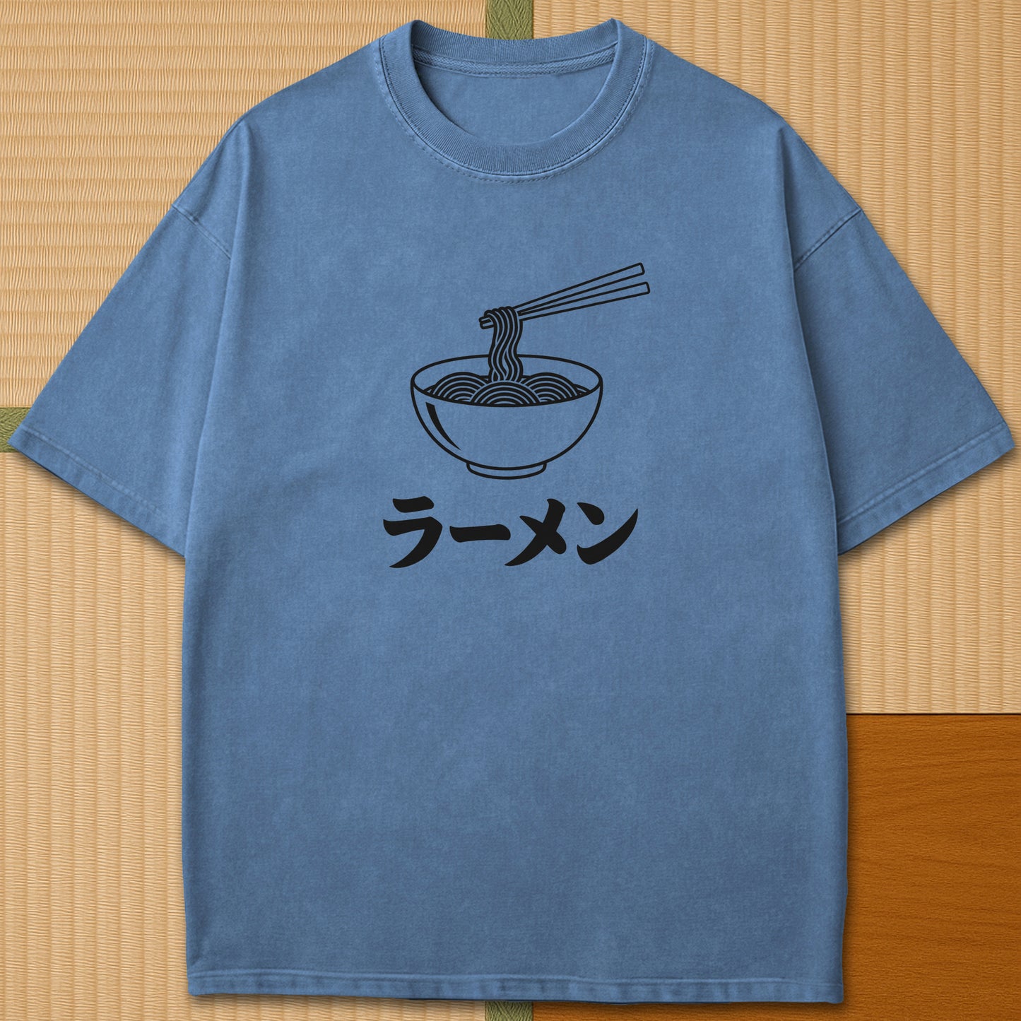 Japanese-inspired cotton Ramen Noodle Minimalist T-Shirt in Blue Jean on Comfort Colors 1717, styled in a modern flatlay scene.