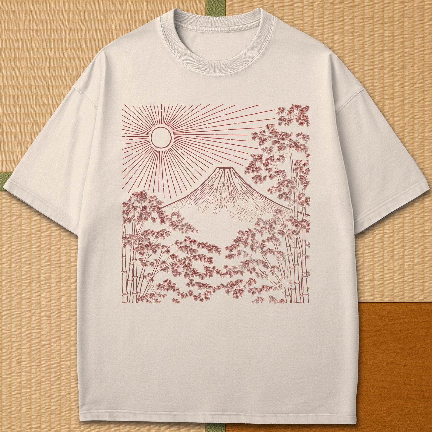 Japanese-inspired cotton Fuji Sunset Line Art T-Shirt in Ivory on Comfort Colors 1717, styled in a modern flatlay scene.