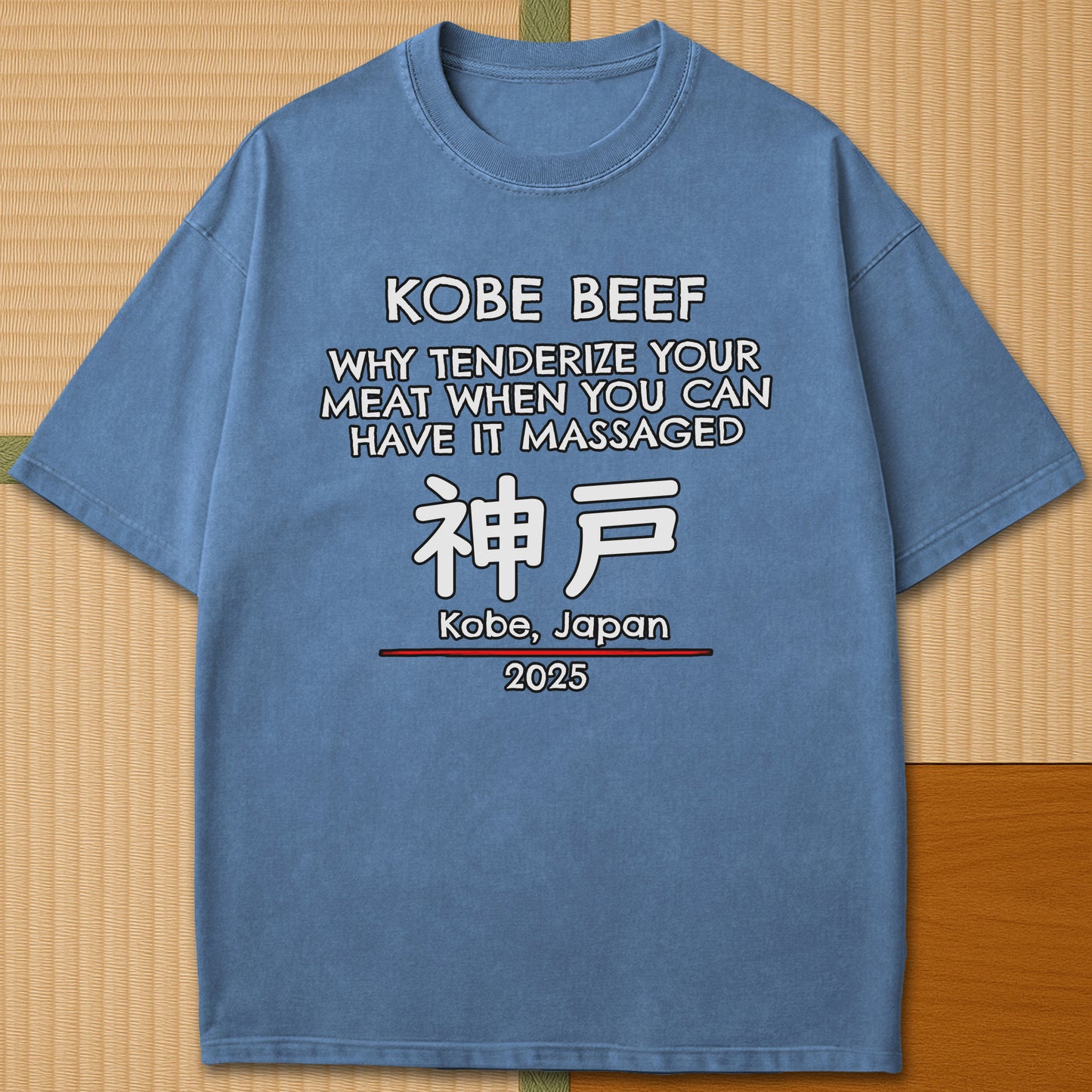 Japanese-inspired cotton Kobe Beef T-Shirt in Blue Jean on Comfort Colors 1717, styled in a modern flatlay scene.
