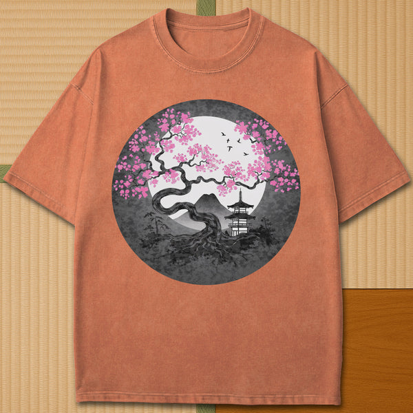 Japanese-inspired cotton Sakura Near Fuji T-Shirt in Yam on Comfort Colors 1717, styled in a modern flatlay scene.