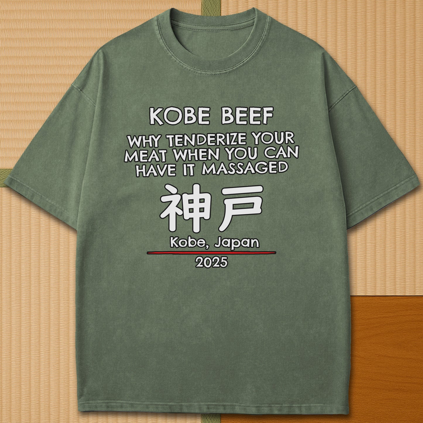 Japanese-inspired cotton Kobe Beef T-Shirt in Moss on Comfort Colors 1717, styled in a modern flatlay scene.