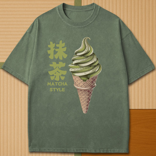 Japanese-inspired cotton Matcha Ice Cream T-Shirt in Moss on Comfort Colors 1717, styled in a modern flatlay scene.