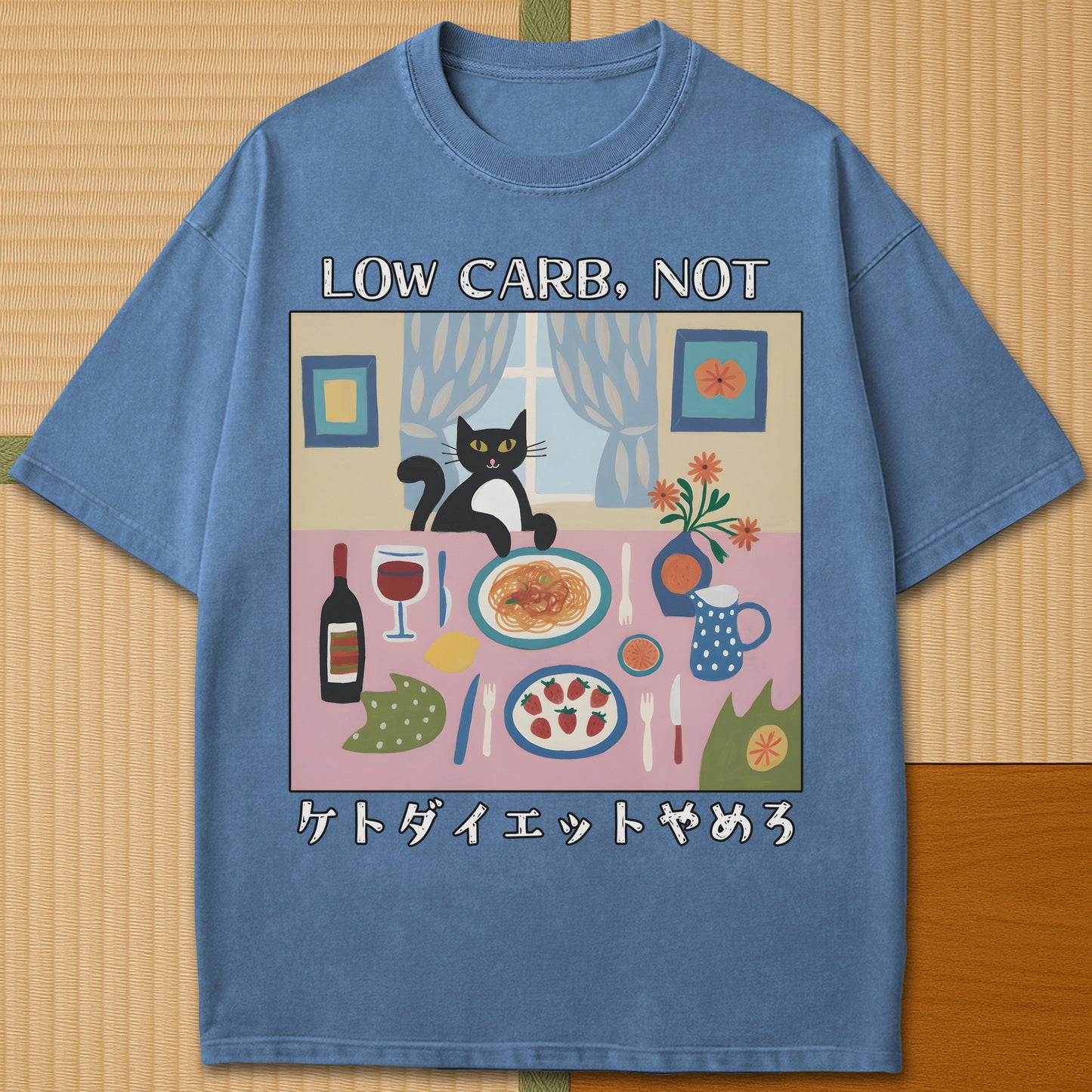 Japanese-inspired cotton Quitting Keto T-Shirt in Blue Jean on Comfort Colors 1717, styled in a modern flatlay scene.