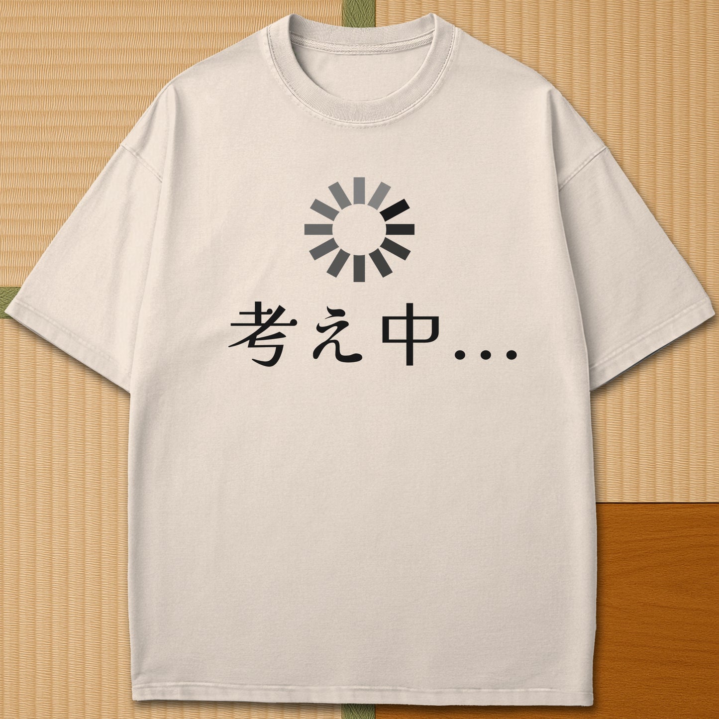 Japanese-inspired cotton Thinking In Japanese T-Shirt in Ivory on Comfort Colors 1717, styled in a modern flatlay scene.