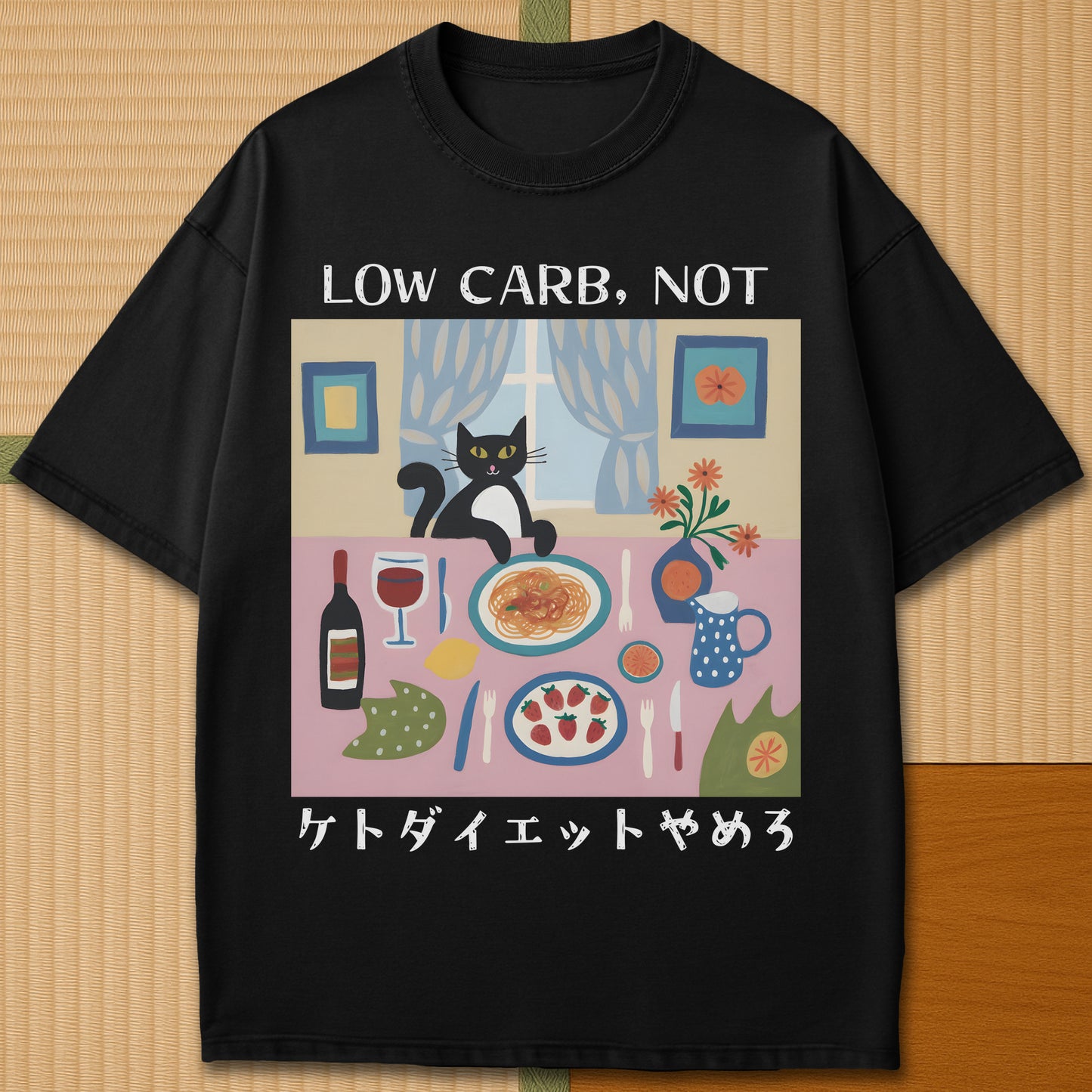 Japanese-inspired cotton Quitting Keto T-Shirt in Black on Comfort Colors 1717, styled in a modern flatlay scene.