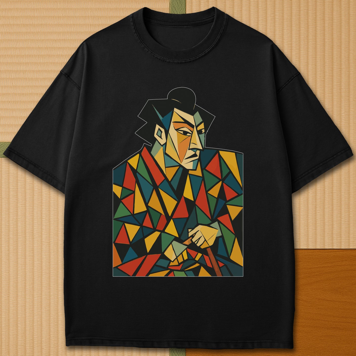 Japanese-inspired cotton Abstract Cubist Kabuki Samurai T-Shirt in Black on Comfort Colors 1717, styled in a modern flatlay scene.