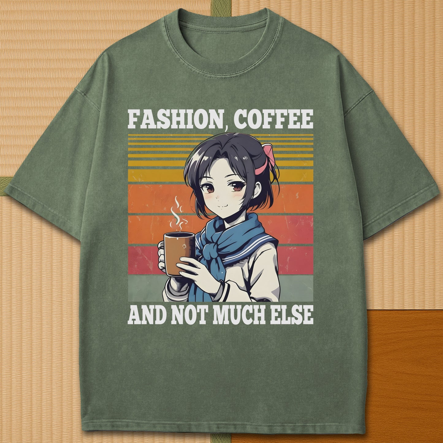 Japanese-inspired cotton Not Much Else T-Shirt in Moss on Comfort Colors 1717, styled in a modern flatlay scene.