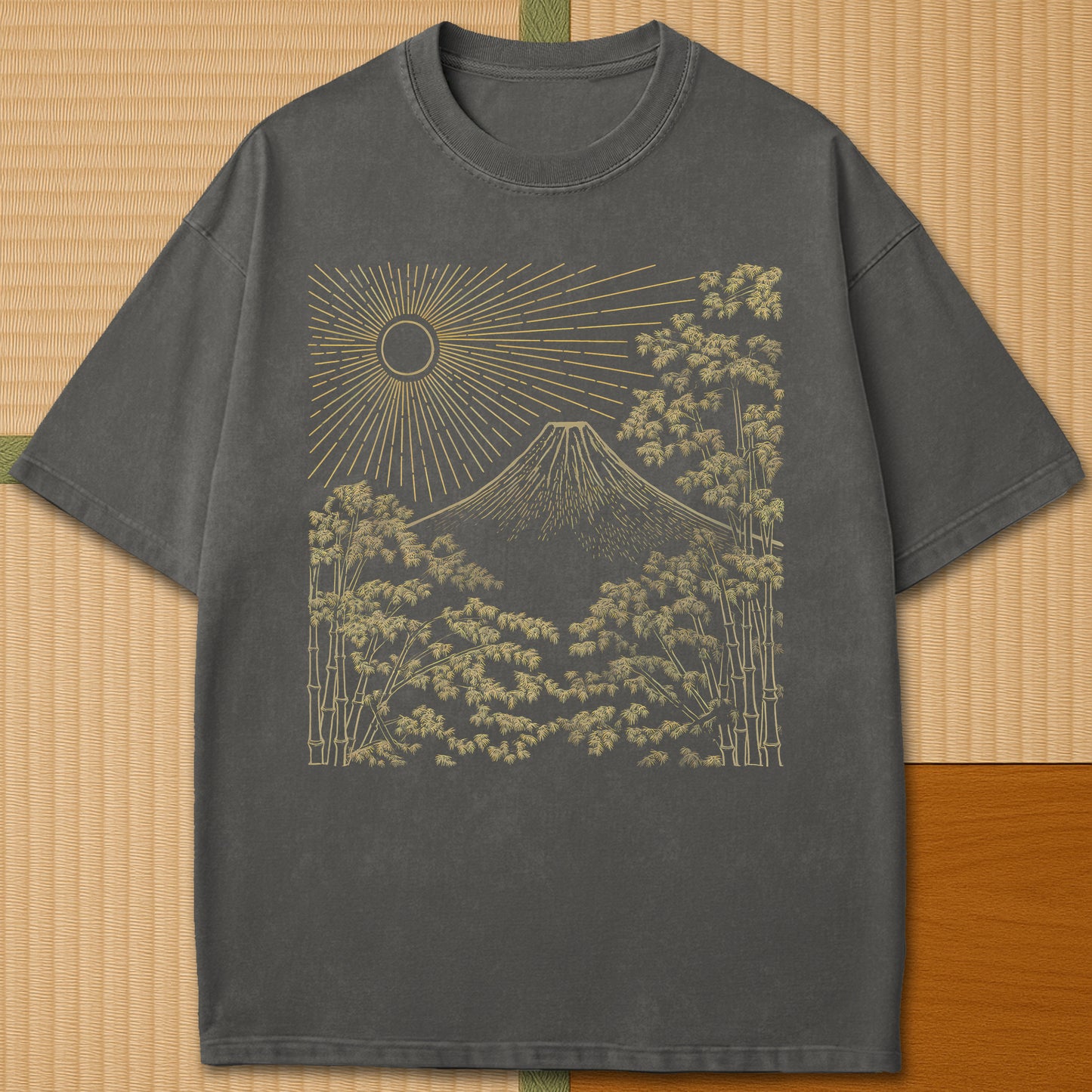 Japanese-inspired cotton Fuji Sunset Line Art T-Shirt in Pepper on Comfort Colors 1717, styled in a modern flatlay scene.