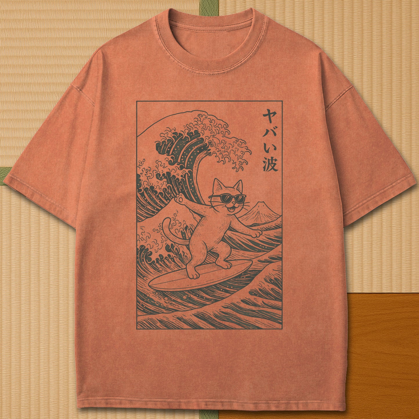 Japanese-inspired cotton Yabai Wave Cat T-Shirt in Yam on Comfort Colors 1717, styled in a modern flatlay scene.