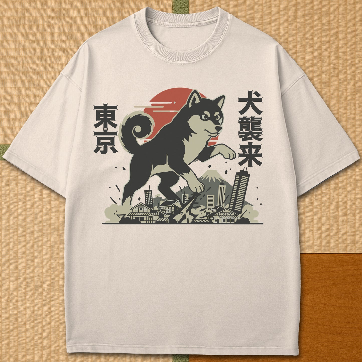 Japanese-inspired cotton Terror Dog Invades Tokyo T-Shirt in Ivory on Comfort Colors 1717, styled in a modern flatlay scene.