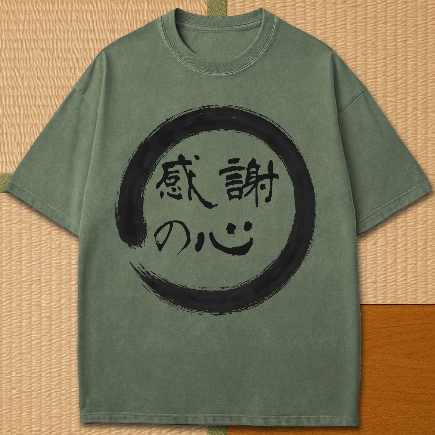 Japanese-inspired cotton Thankful Heart T-Shirt in Moss on Comfort Colors 1717, styled in a modern flatlay scene.
