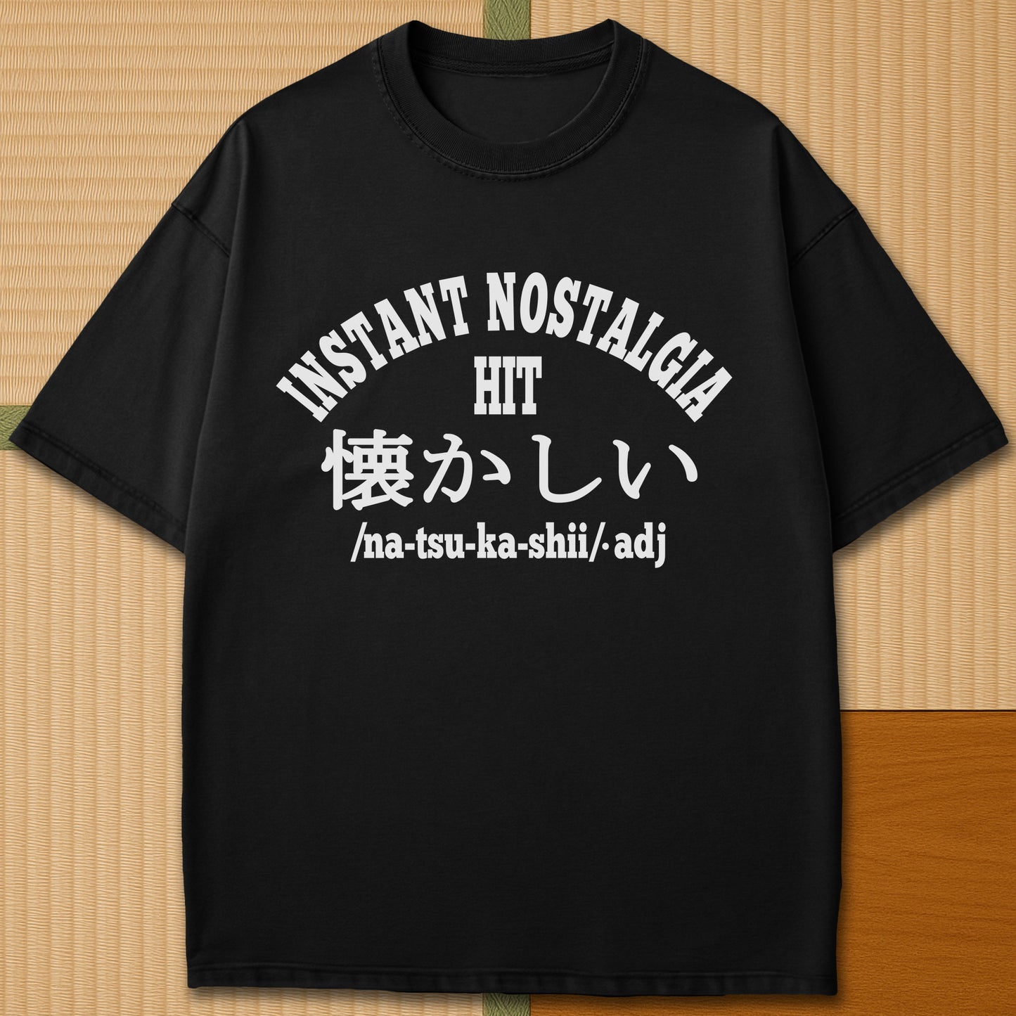 Japanese-inspired cotton Instant Nostalgia Hit T-Shirt in Black on Comfort Colors 1717, styled in a modern flatlay scene.