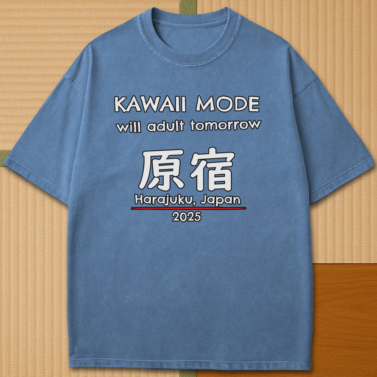 Japanese-inspired cotton Kawaii Harajuku T-Shirt in Blue Jean on Comfort Colors 1717, styled in a modern flatlay scene.