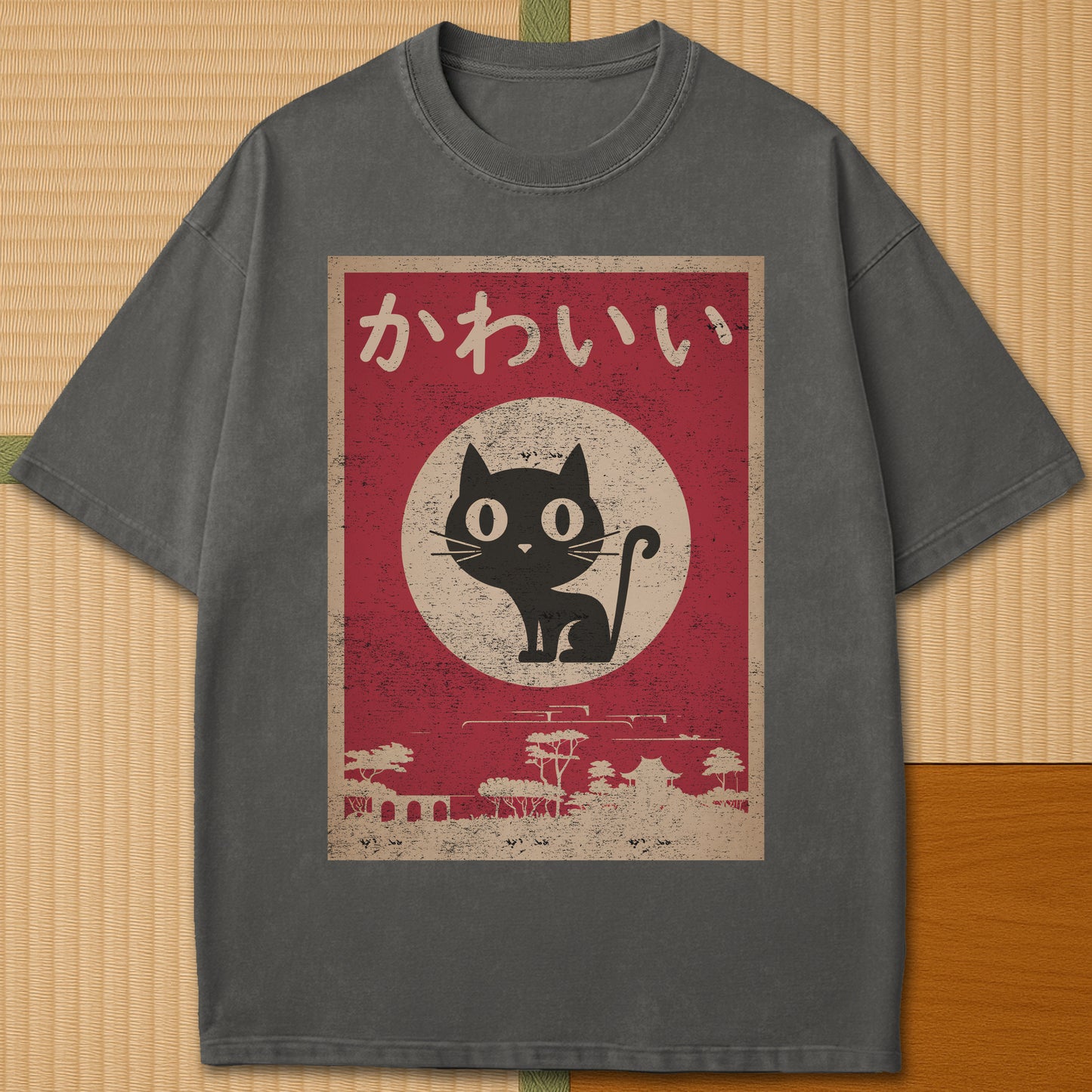 Japanese-inspired cotton Kawaii Cat T-Shirt in Pepper on Comfort Colors 1717, styled in a modern flatlay scene.