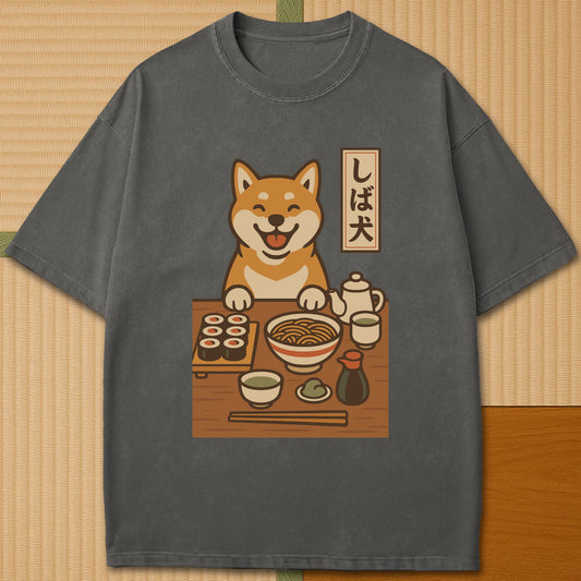 Japanese-inspired cotton Shiba Inu Happy Meal T-Shirt in Pepper on Comfort Colors 1717, styled in a modern flatlay scene.