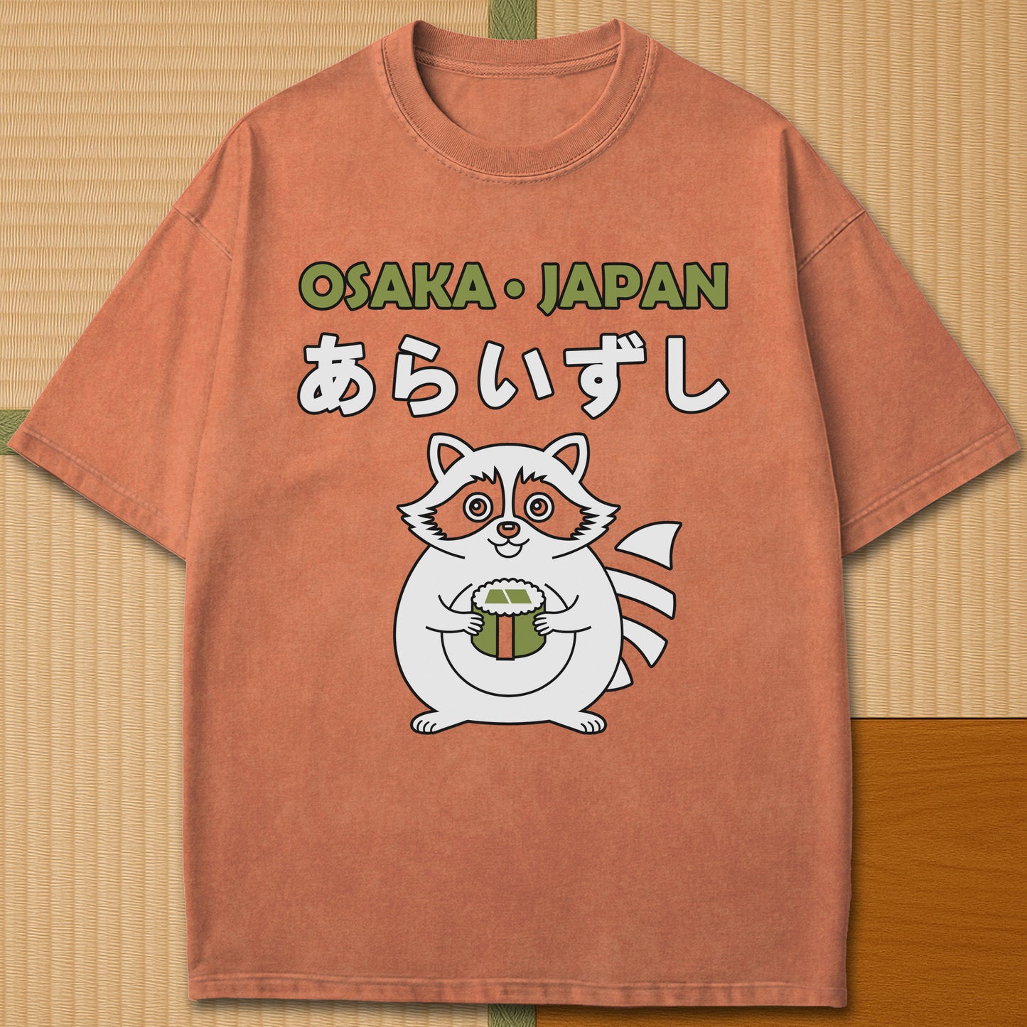 Japanese-inspired cotton Arai Zushi Osaka T-Shirt in Yam on Comfort Colors 1717, styled in a modern flatlay scene.