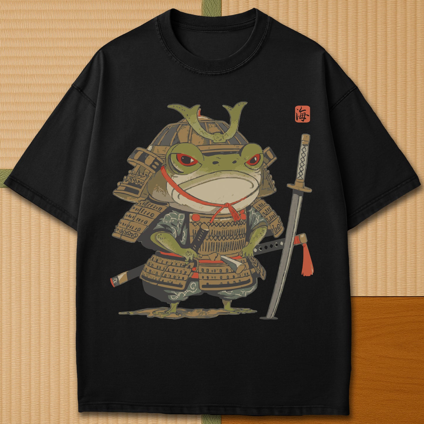 Japanese-inspired cotton Anime Frog Samurai T-Shirt in Black on Comfort Colors 1717, styled in a modern flatlay scene.