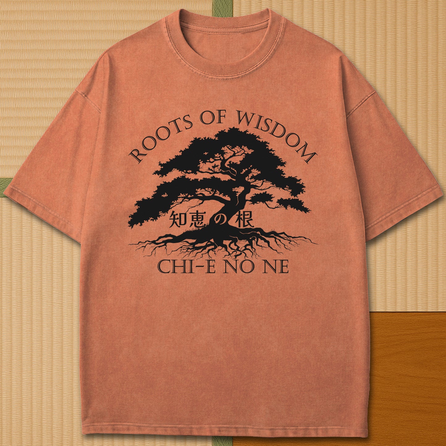 Japanese-inspired cotton Roots Of Wisdom T-Shirt in Yam on Comfort Colors 1717, styled in a modern flatlay scene.