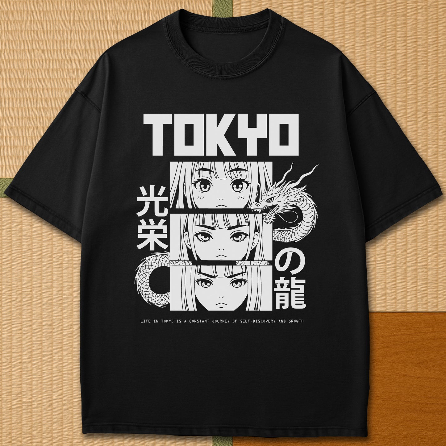 Japanese-inspired cotton Dragon Of Honor T-Shirt in Black on Comfort Colors 1717, styled in a modern flatlay scene.