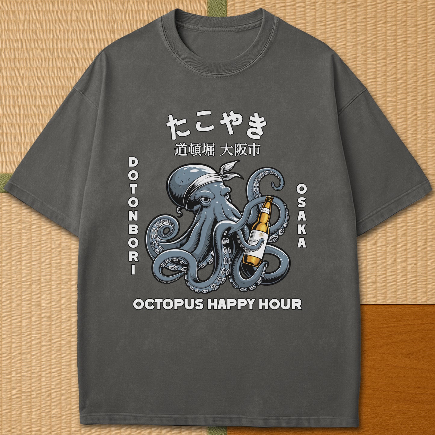 Japanese-inspired cotton Dotonbori Takoyaki T-Shirt in Pepper on Comfort Colors 1717, styled in a modern flatlay scene.