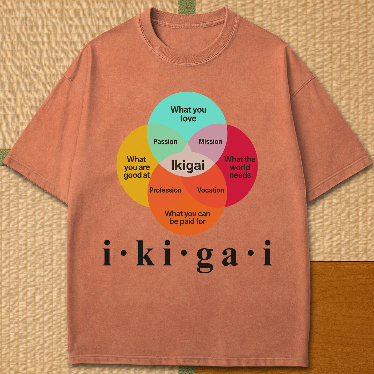 Japanese-inspired cotton Heart Of Ikigai T-Shirt in Yam on Comfort Colors 1717, styled in a modern flatlay scene.