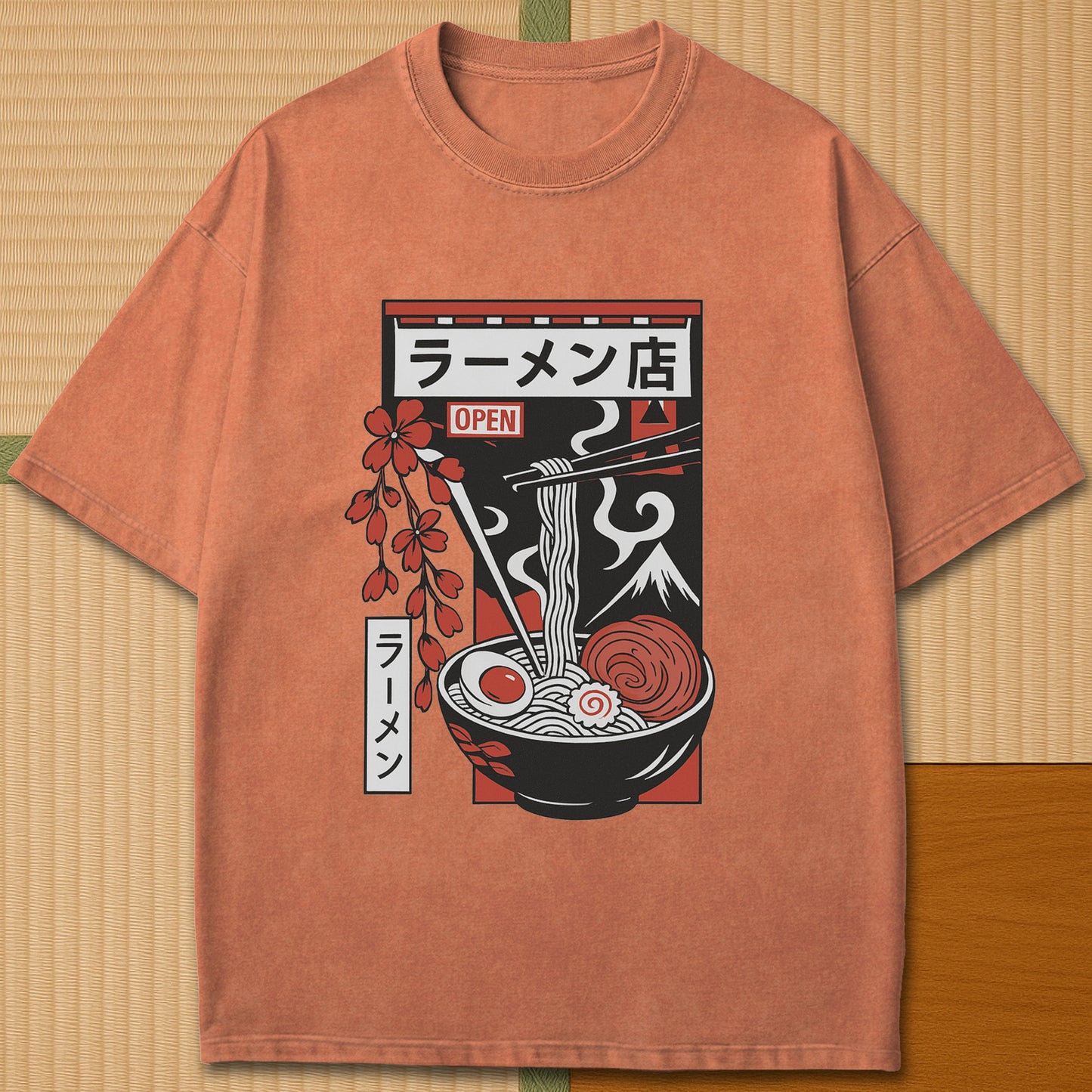 Japanese-inspired cotton Japanese Ramen Bowl T-Shirt in Yam on Comfort Colors 1717, styled in a modern flatlay scene.