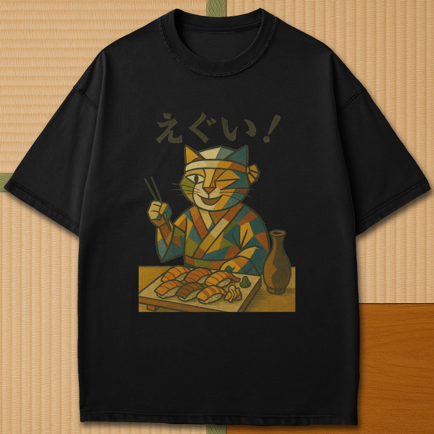 Japanese-inspired cotton Cubist Sushi Cat T-Shirt in Black on Comfort Colors 1717, styled in a modern flatlay scene.