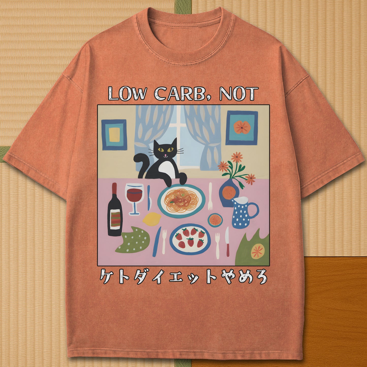 Japanese-inspired cotton Quitting Keto T-Shirt in Yam on Comfort Colors 1717, styled in a modern flatlay scene.
