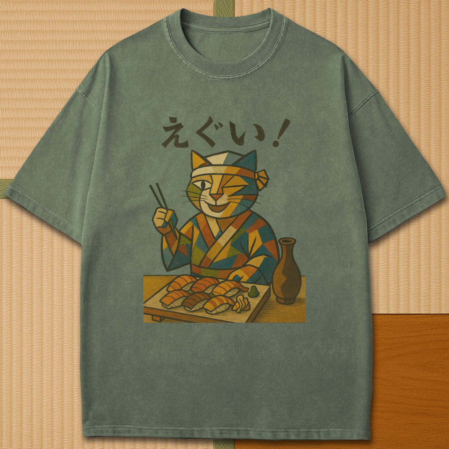 Japanese-inspired cotton Cubist Sushi Cat T-Shirt in Moss on Comfort Colors 1717, styled in a modern flatlay scene.