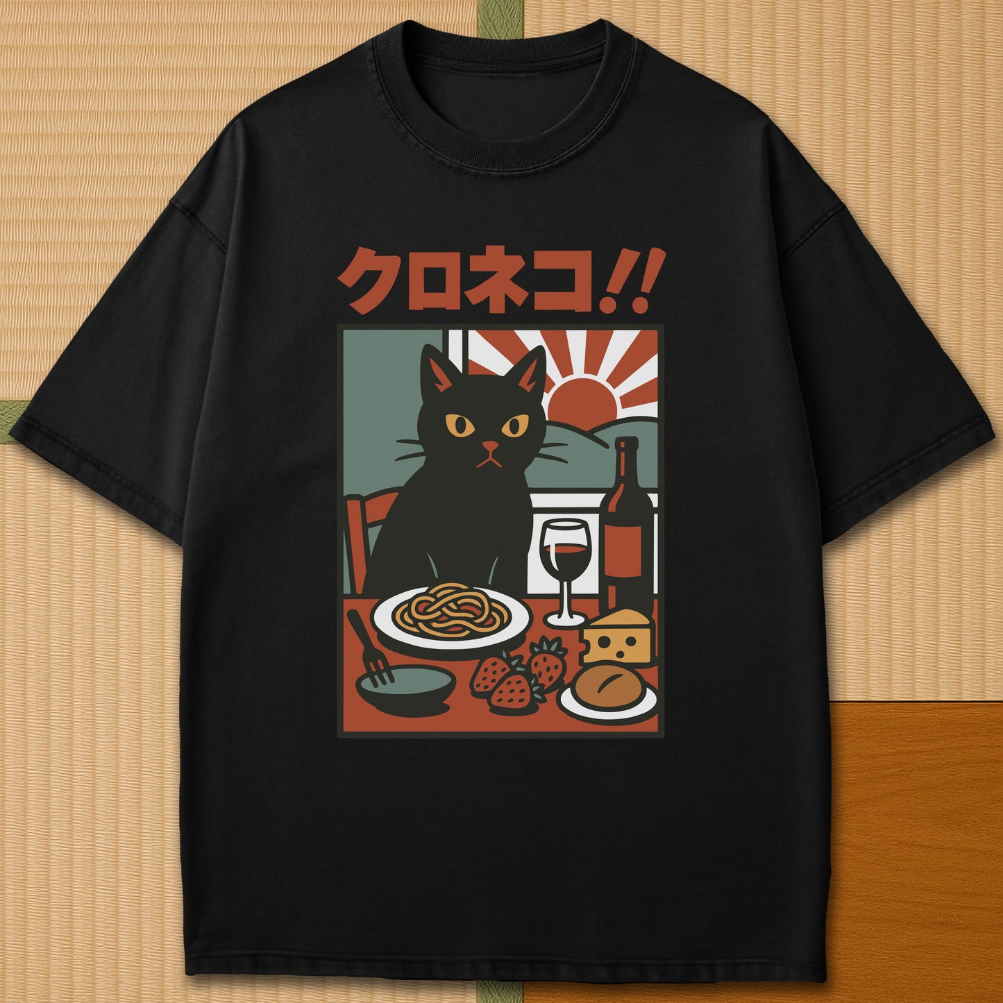 Japanese-inspired cotton Sunset Supper Cat T-Shirt in Black on Comfort Colors 1717, styled in a modern flatlay scene.