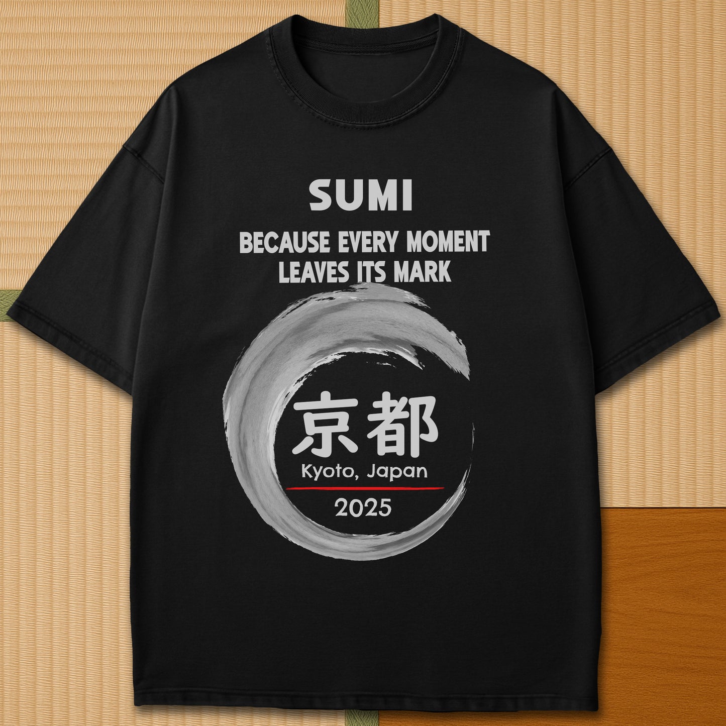 Japanese-inspired cotton Sumi Marks Kyoto T-Shirt in Black on Comfort Colors 1717, styled in a modern flatlay scene.