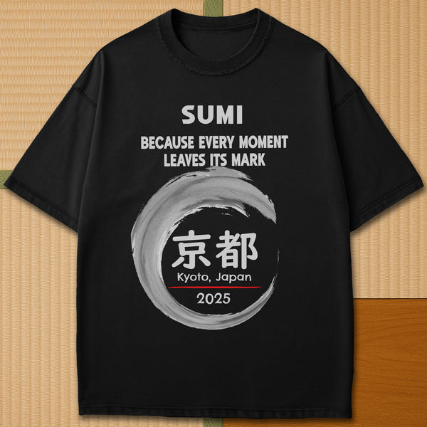 Japanese-inspired cotton Sumi Marks Kyoto T-Shirt in Black on Comfort Colors 1717, styled in a modern flatlay scene.