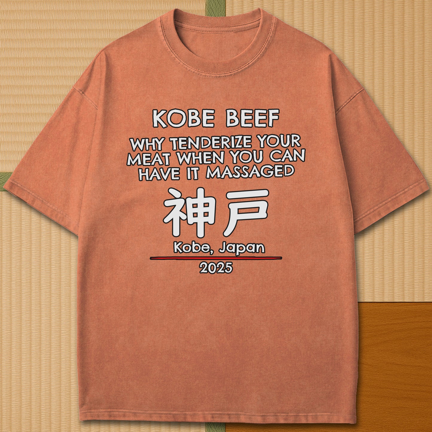 Japanese-inspired cotton Kobe Beef T-Shirt in Yam on Comfort Colors 1717, styled in a modern flatlay scene.