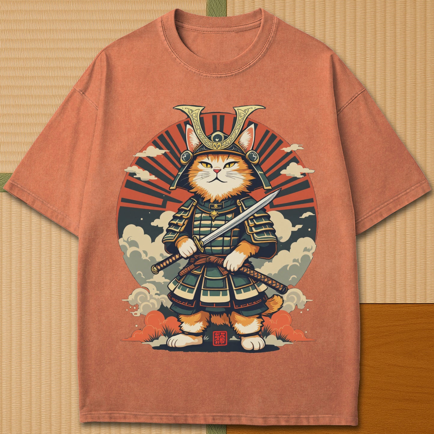 Japanese-inspired cotton Handsome Cat Samurai T-Shirt in Yam on Comfort Colors 1717, styled in a modern flatlay scene.