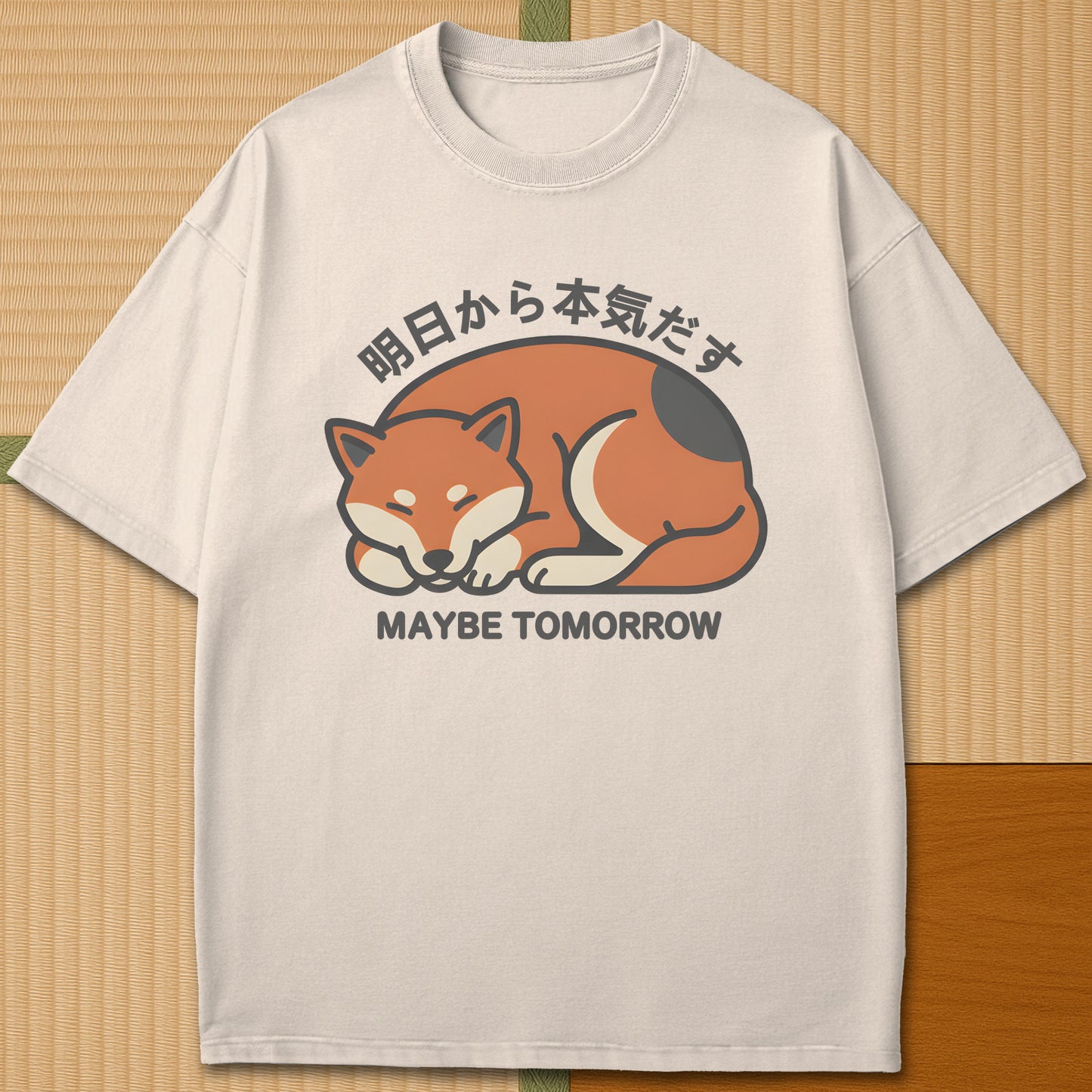 Japanese-inspired cotton Maybe Tomorrow Shiba Inu T-Shirt in Ivory on Comfort Colors 1717, styled in a modern flatlay scene.