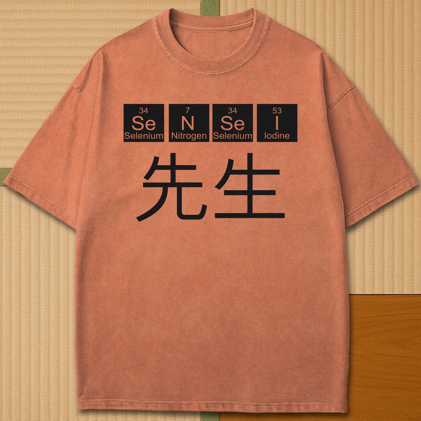 Japanese-inspired cotton Sensei Periodic Table T-Shirt in Yam on Comfort Colors 1717, styled in a modern flatlay scene.