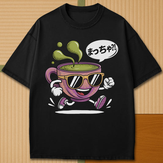 Japanese-inspired cotton Matcha Time Hiragana T-Shirt in Black on Comfort Colors 1717, styled in a modern flatlay scene.