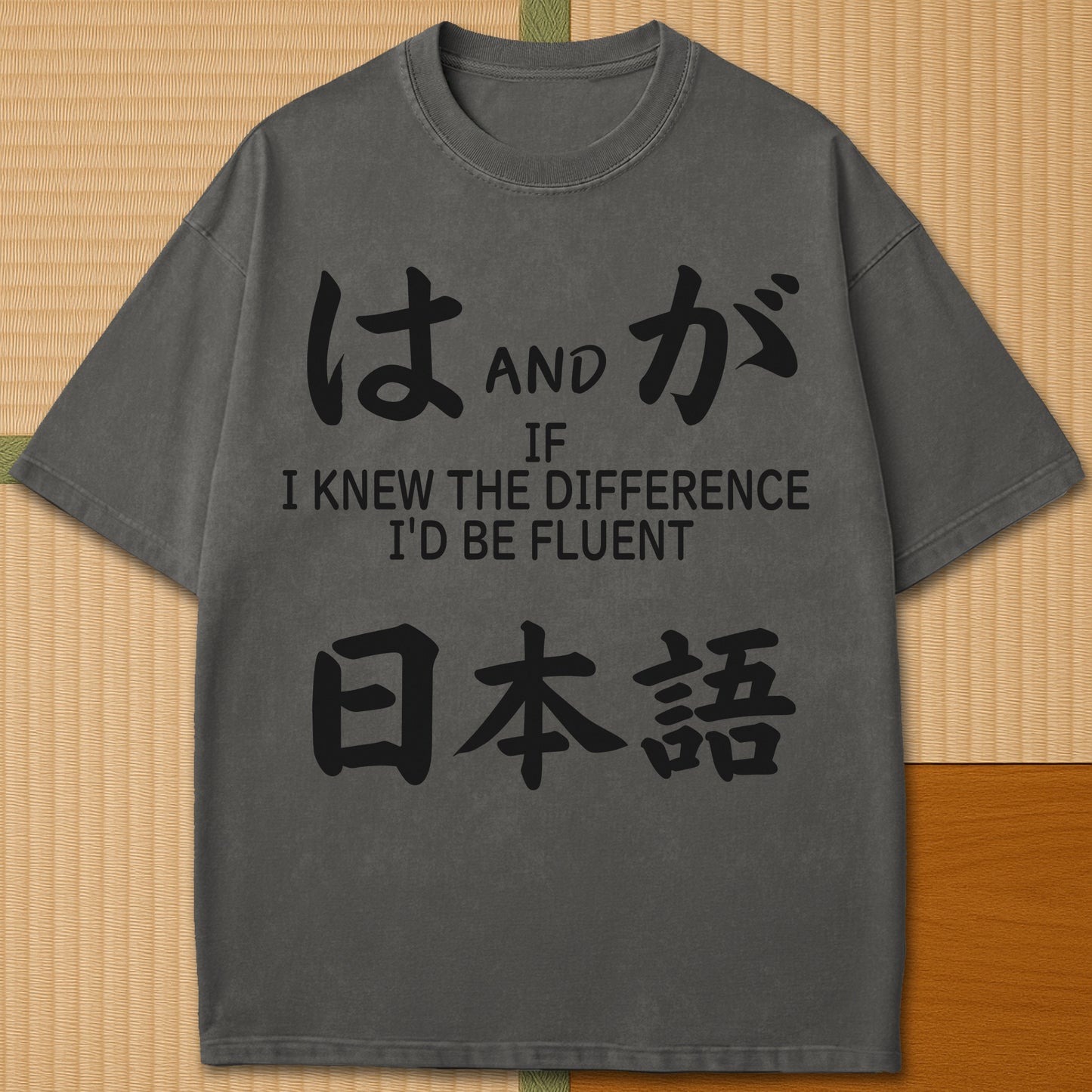 Japanese-inspired cotton Wa And Ga Japanese T-Shirt in Pepper on Comfort Colors 1717, styled in a modern flatlay scene.