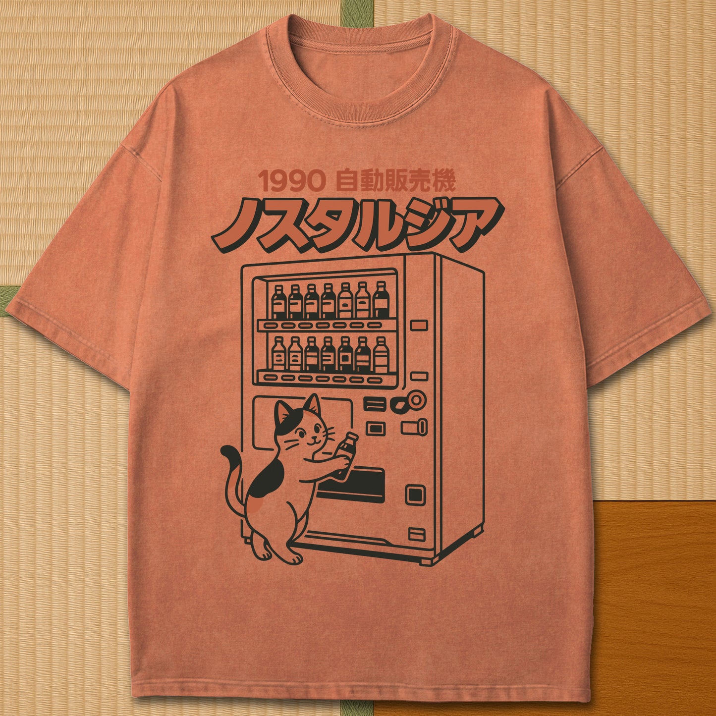 Japanese-inspired cotton Neko Nostalgia T-Shirt in Yam on Comfort Colors 1717, styled in a modern flatlay scene.