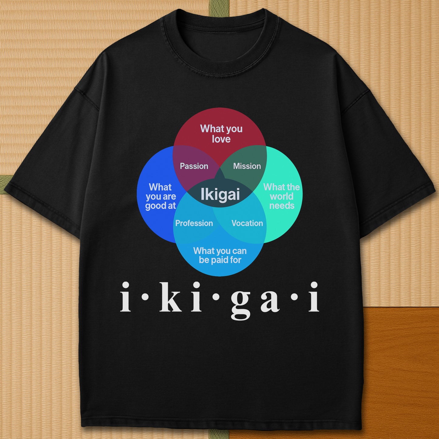 Japanese-inspired cotton Heart Of Ikigai T-Shirt in Black on Comfort Colors 1717, styled in a modern flatlay scene.