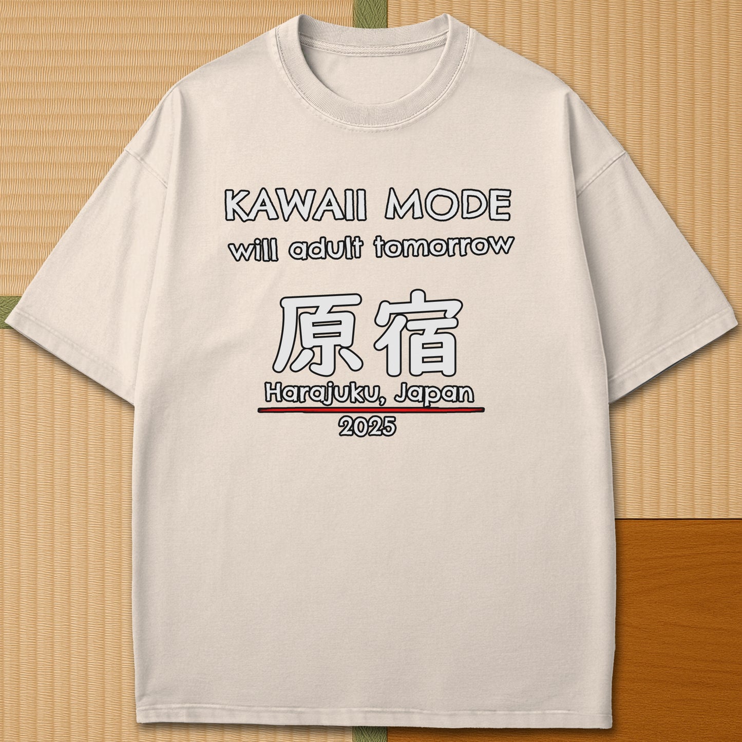 Japanese-inspired cotton Kawaii Harajuku T-Shirt in Ivory on Comfort Colors 1717, styled in a modern flatlay scene.