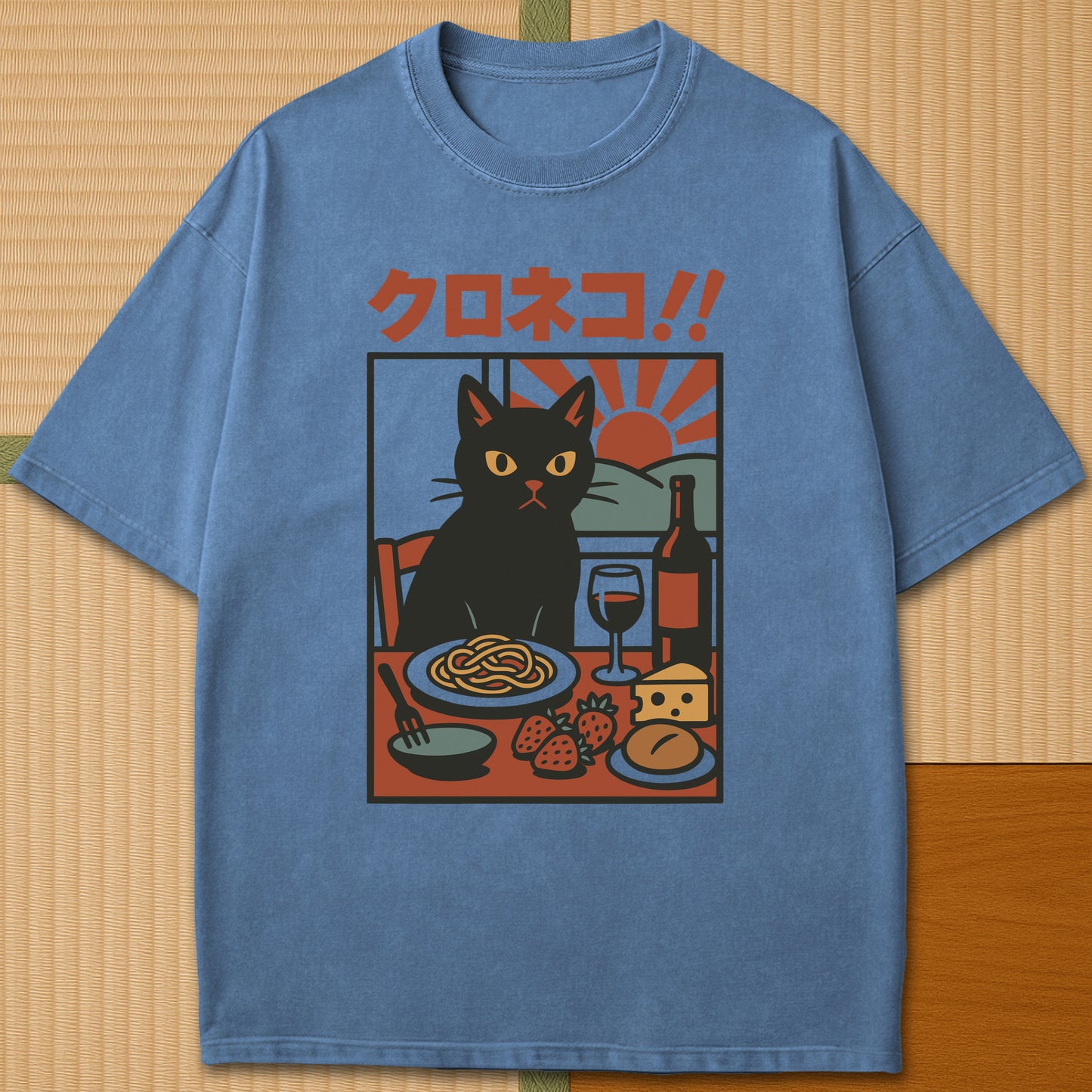 Japanese-inspired cotton Sunset Supper Cat T-Shirt in Blue Jean on Comfort Colors 1717, styled in a modern flatlay scene.